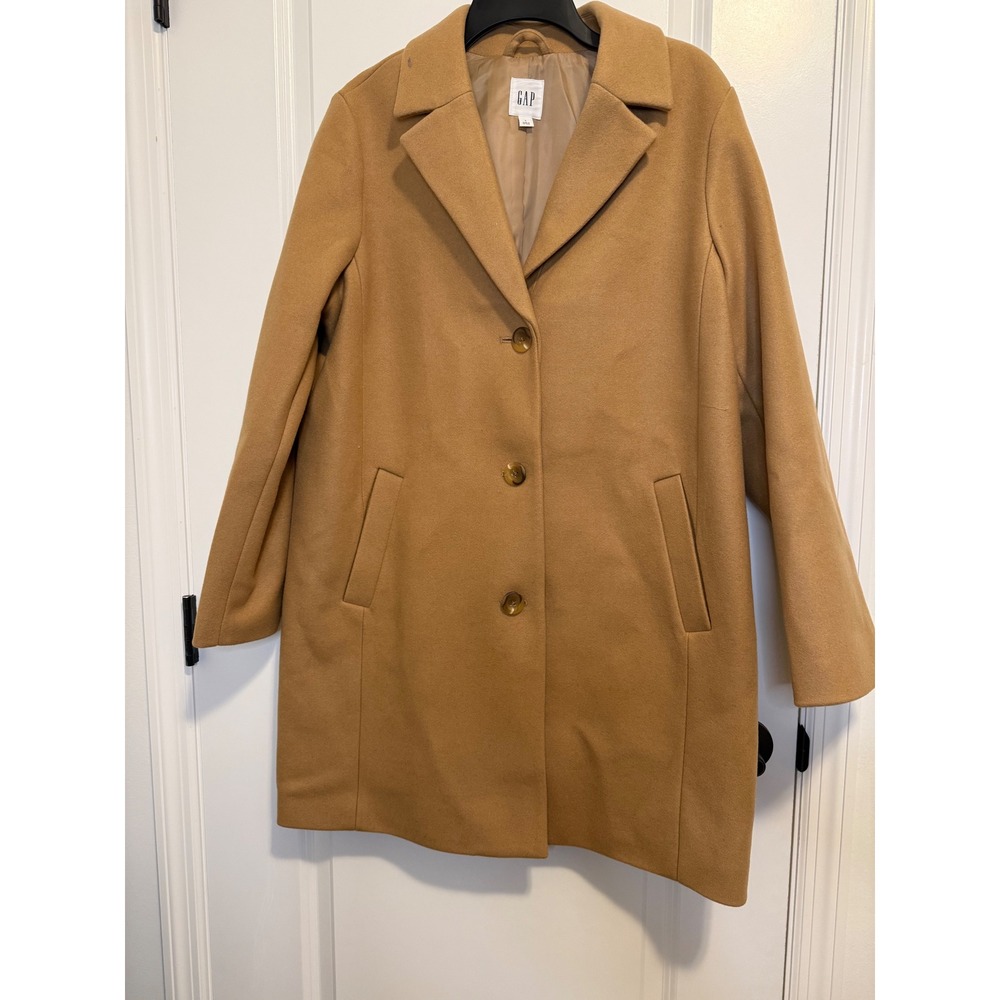 Gap Wool Blend Car Coat Women Large Tan Excellent Mid Length Button Front Jacket